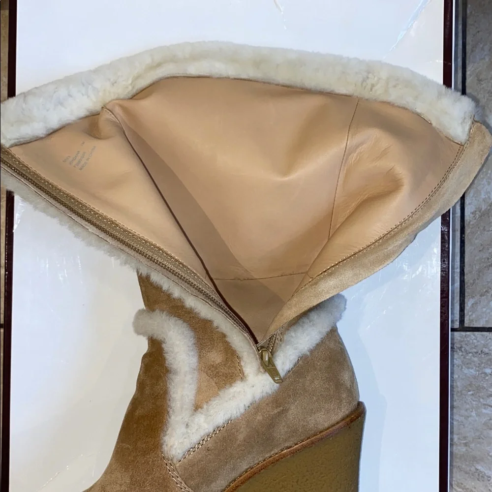 COACH Jordana Suede Shearling Trim Wedge Boots in Tan & Beige in Size 7 - Picture 12 of 15